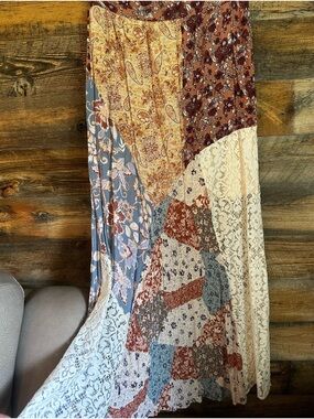 Boho Floral Patchwork Maxi Skirt in Cream, Rust & Dusty Blue